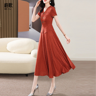 中国风橘红色假两件连衣裙女气质显瘦2024夏改良版旗袍裙长款