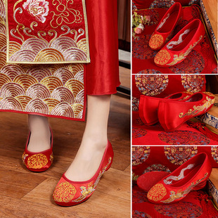 老北京新娘鞋手工绣花婚鞋红色，秀禾鞋子上轿千层底中式平底跟布鞋