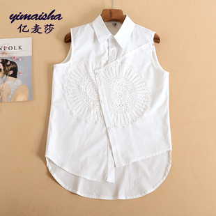 新疆棉春夏季白色衬衫女蕾丝拼接不规则，衬衣上衣无袖打底衫
