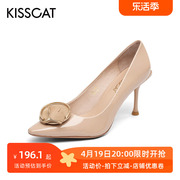 kisscat接吻猫潮美饰扣尖头高跟牛皮优雅时装单鞋女ka21500-11