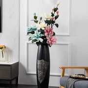 落地花瓶大号黑色手工陶瓷，摆件现代简约客厅，装饰欧式干花插花套装