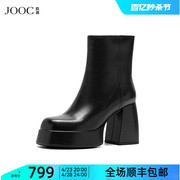 JOOC玖诗高跟短靴女秋冬防水台胎牛皮时装靴复古短筒靴女鞋