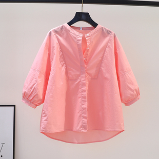 立领灯笼袖棉衬衫女宽松7分袖，休闲衬衣2023夏季文艺范粉红色上衣