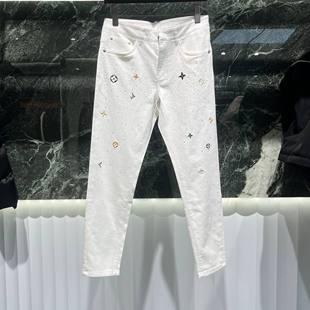 欧洲站春夏季男士牛仔裤小脚，修身潮牌白色，薄款休闲弹力长裤子