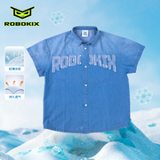 ROBOKIX夏季儿童短袖衬衫牛仔蓝薄款纯棉印花翻领上衣