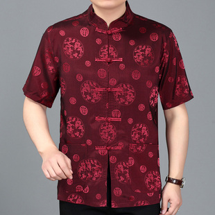 中国风夏季男士桑蚕丝短袖唐装，上衣中式盘扣，汉服半袖衬衫老人衣服