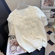 2023夏季法式V领小白花蕾丝衬衫女高级感气质白色雪纺上衣潮