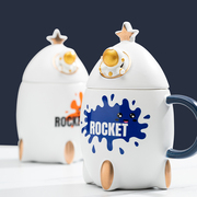 火箭马克杯子陶瓷带盖勺高颜值设计感男女情侣家用办公室咖啡水杯