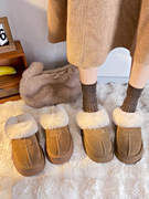 自留款真皮厚底加绒雪地，靴包头半拖高跟，保暖居家拖鞋雪地靴