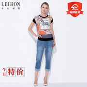 LEIHON/李红国际夏季时尚大码短款雪纺拼接印花T恤上衣体恤女