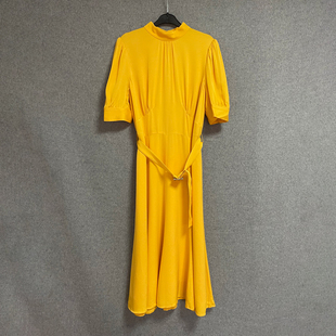欧美时尚夏季通勤OL风垂坠感优雅小礼服裙中长款短袖黄色连衣裙
