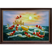 手绘中式油画现代简约客厅餐馆壁画有框海浪九鲤鱼跳龙门装饰画