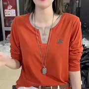 纯棉长袖t恤女 2025春秋装新款大码休闲上衣中老年妈妈秋衣打底衫