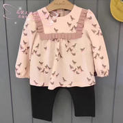韩国中小童装春女童宝宝，粉色小鸭满印长袖t恤长裤套装