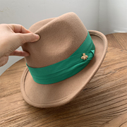 驼色卷边礼帽女秋冬法式羊毛毡帽女时尚绿色小沿爵士毛呢帽子