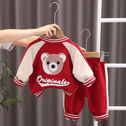 男童春季新年套装洋气1岁宝宝春装，3婴儿红色，衣服儿童棒球服三件套