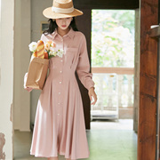长袖粉色衬衫连衣裙2774秋冬法式高腰气质温柔妈妈，上班裙子