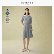 野奢时刻VGRASS法式彼得潘领针织连衣裙夏短袖裙