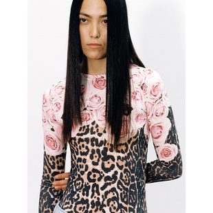 TRINITE*Rose&Leopard Top做旧感玫瑰豹纹民族印花紧身长袖上衣