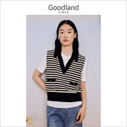 Goodland美地女装2023秋季黑白条纹针织背心含羊毛海鸥领马甲