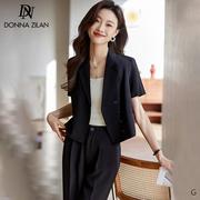 黑色短袖西装套装女夏薄款2024小个子休闲高级感短款西服外套