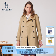 哈吉斯(哈吉斯)hazzys品牌经典中长款双排，扣风衣女士春季时尚外套
