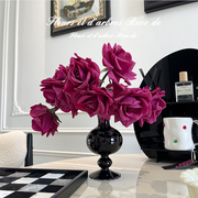 轻奢法式手感保湿玫瑰仿真花假花客厅桌面餐桌花装饰黑色花瓶摆件