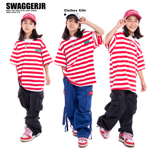 swaggerjr街舞儿童潮服嘻哈，炸街男童少儿，条纹短袖六一演出服套装