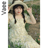 Vaee大码女装碎花连衣裙2023夏季胖mm法式方领小众高级感裙子