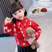 2024儿童休闲冬季毛线半高领女童宝宝红色圣诞毛衣针织衫卡通