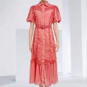 橘红色衬衫裙2024春夏泡泡袖，短袖重工木耳边拼贴配腰带连衣裙长裙