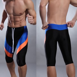 男士黑色长泳裤弹性，游泳训练裤，紧身拼色简约设计大码长裤五分裤