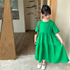 柒集夏季童装女童亚麻绿色连衣裙韩版中大儿童棉麻长裙子纯色