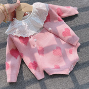 ins韩国童装婴儿春装针织，开衫毛衣背带裤套装新生女(新生女，)宝宝衣服冬装