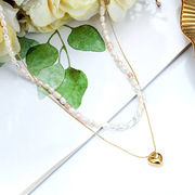 跨境轻奢淡水珍珠双层项链镀14k金几何(金几何，)爱心锁骨链女钛钢饰品