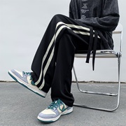 美式hiphop垂感裤子男款小众设计感条纹大码直筒抽绳阔腿休闲长裤