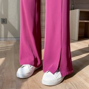 火龙果色开叉裤子女夏季薄款冰丝阔腿裤小个子，高腰垂感微喇西装裤