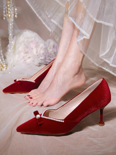 婚鞋女2024年夏季法式新娘鞋结婚绒面红色高跟鞋，秀禾婚纱两穿