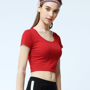莫代尔短袖t恤女大圆领口健身大红色短款上衣露脐紧身瑜伽舞蹈服