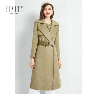 finity2020秋冬装时尚绿色，羊毛大衣女，宽松中长款冬季女士外套