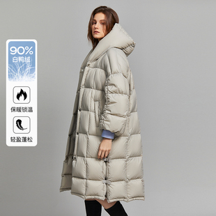 elle灰色90白鸭绒(白鸭绒)中长款加厚羽绒服，女2023冬装气质保暖外套