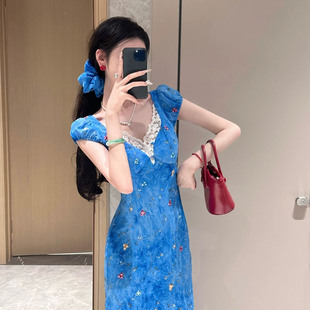 2025夏季穿搭雪纺修身刺绣蕾丝拼接V领短袖荷叶边吊带两穿连衣裙