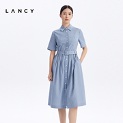 lancy朗姿2023夏季收腰显瘦条纹衬衫连衣裙，高级感气质裙子女