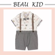 beaukid婴儿服套装白色，纯棉衬衫蝴蝶，领结灰色松紧短裤条纹背带