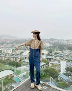 韩国女装拼接西装牛仔连体，衣裤2021春宽松短袖套装