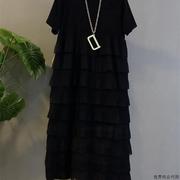 香港大码女装胖mm欧货黑色，短袖连衣裙时尚气质，显瘦遮肚蛋糕长裙潮