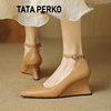 tataperko联名裸色尖头，坡跟单鞋女鞋真皮高跟鞋，一字带奶奶鞋船鞋