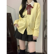 黄色针织开衫毛衣，可爱外套女日系学院风小鸡黄针织长袖上衣套装