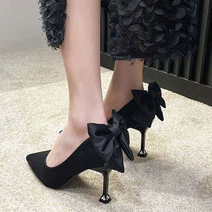 法式单鞋女6cm小跟气质伴娘，8cm细跟蝴蝶结绒面，中跟尖头黑色高跟鞋