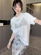 RR fashion 短袖T恤女2024夏季重工亮片蕾丝中长款圆领上衣